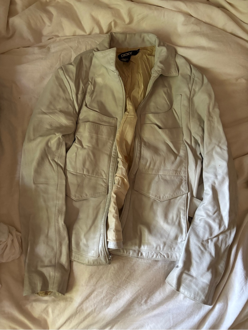 DKNY Cream Leather Zip-Front Women's Jacket